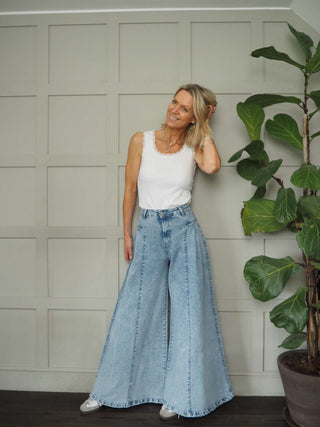 Eilatie Super Wide Leg Jeans with Pleated Detail at Front  - Light Denim