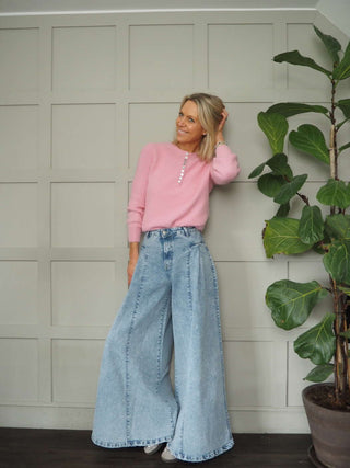 Eilatie Super Wide Leg Jeans with Pleated Detail at Front  - Light Denim