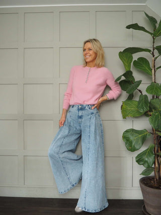 Eilatie Super Wide Leg Jeans with Pleated Detail at Front  - Light Denim