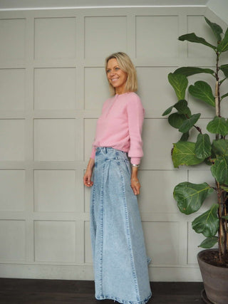 Eilatie Super Wide Leg Jeans with Pleated Detail at Front  - Light Denim