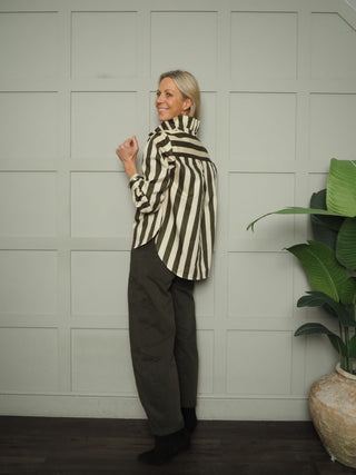 Tiff Stripe Blouse with Pleated Collar - Chocolate, Khaki