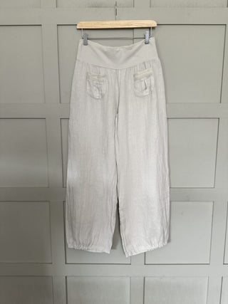 Ola Wide Leg, Linen Trousers with Front Pockets &amp; Trim Detail - 7 Colours