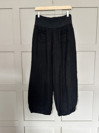 Ola Wide Leg, Linen Trousers with Front Pockets &amp; Trim Detail - 7 Colours