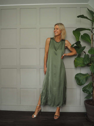 Suni Sleeveless Silk Mix Maxi Dress - Champagne, Dusty Rose, Khaki, Mushroom