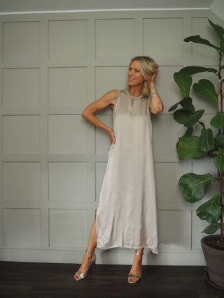 Suni Sleeveless Silk Mix Maxi Dress - Champagne, Dusty Rose, Khaki, Mushroom