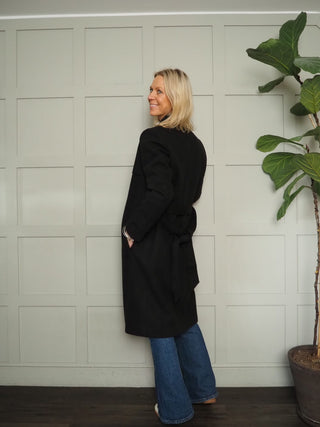 Cala Wool Mix Trench Coat with Belt and No Fastenings - Black, Camel