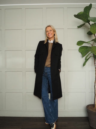 Cala Wool Mix Trench Coat with Belt and No Fastenings - Black, Camel