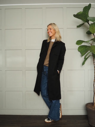 Cala Wool Mix Trench Coat with Belt and No Fastenings - Black, Camel