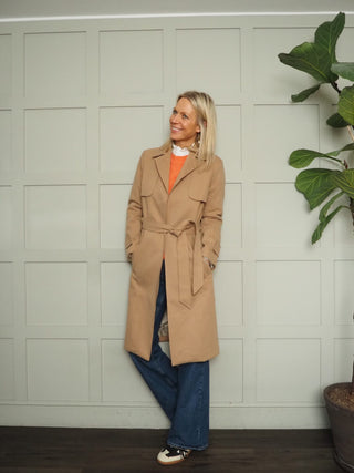 Cala Wool Mix Trench Coat with Belt and No Fastenings - Black, Camel