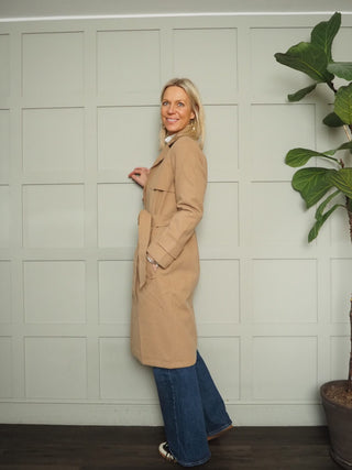 Cala Wool Mix Trench Coat with Belt and No Fastenings - Black, Camel