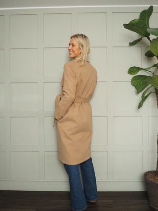 Cala Wool Mix Trench Coat with Belt and No Fastenings - Black, Camel