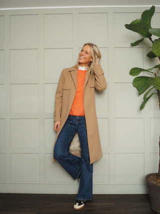 Cala Wool Mix Trench Coat with Belt and No Fastenings - Black, Camel