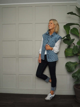 Mila Quilt Denim Gilet, with Collar &amp; Silver Button Fastening - Denim Blue