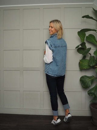 Mila Quilt Denim Gilet, with Collar &amp; Silver Button Fastening - Denim Blue