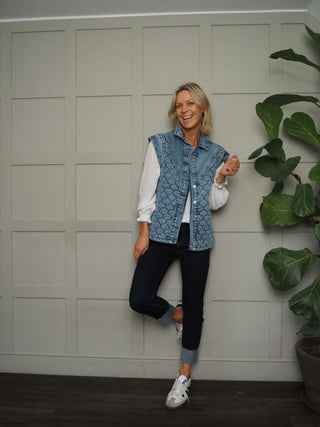 Mila Quilt Denim Gilet, with Collar &amp; Silver Button Fastening - Denim Blue