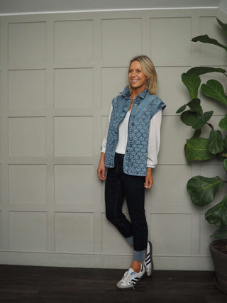 Mila Quilt Denim Gilet, with Collar &amp; Silver Button Fastening - Denim Blue