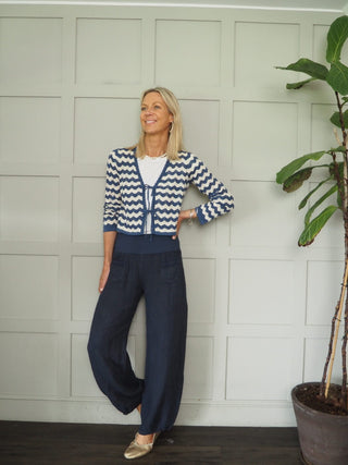 Rosefine Cardigan with Tie Front by Part Two - Navy Blue/Ecru