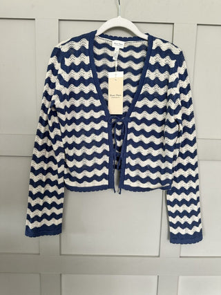 Rosefine Cardigan with Tie Front by Part Two - Navy Blue/Ecru