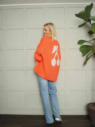 Mon Cheri Cardigan with Cherry Motif On The Back - Oatmeal and Orange