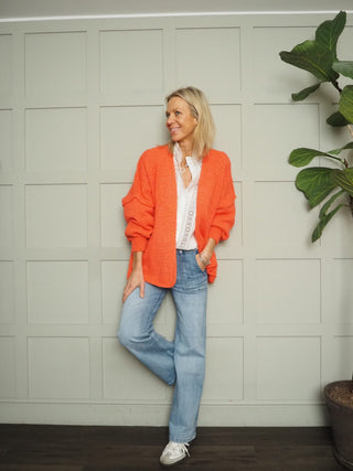 Mon Cheri Cardigan with Cherry Motif On The Back - Oatmeal and Orange