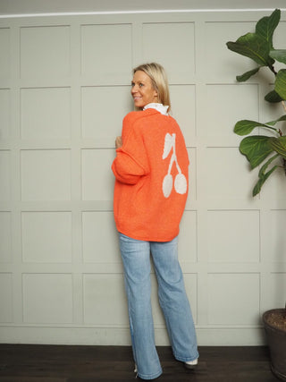Mon Cheri Cardigan with Cherry Motif On The Back - Oatmeal and Orange