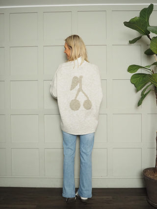 Mon Cheri Cardigan with Cherry Motif On The Back - Oatmeal and Orange