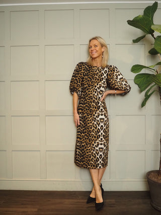 Xala Round Neck Short Sleeved Midi Dress with Puff Sleeves - Leopard Print