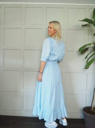 Geraldine Cotton Dress with Short Sleeves &amp; Broderie Anglaise Detail by mbyM - Baby Blue