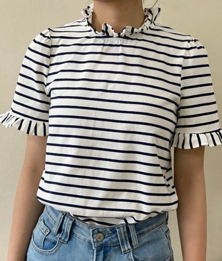 Attie Stripe Short Sleeve T Shirt with Ruffle Collar and Button Back - Navy/Off White