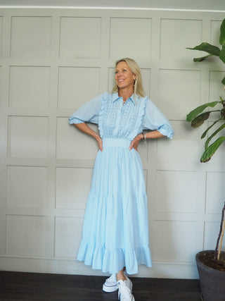 Geraldine Cotton Dress with Short Sleeves &amp; Broderie Anglaise Detail by mbyM - Baby Blue