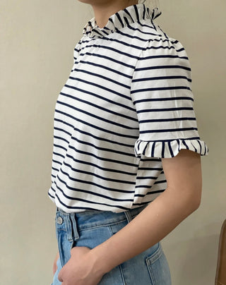 Attie Stripe Short Sleeve T Shirt with Ruffle Collar and Button Back - Navy/Off White