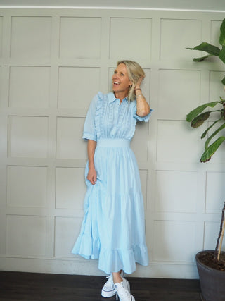 Geraldine Cotton Dress with Short Sleeves &amp; Broderie Anglaise Detail by mbyM - Baby Blue