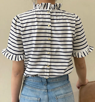 Attie Stripe Short Sleeve T Shirt with Ruffle Collar and Button Back - Navy/Off White