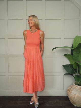 Sammy Dress with Shirred Bodice - Coral, Khaki