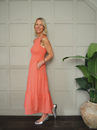 Sammy Dress with Shirred Bodice - Coral, Khaki