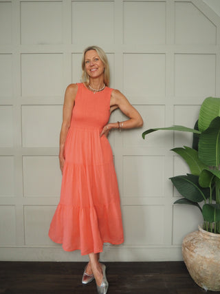 Sammy Dress with Shirred Bodice - Coral, Khaki
