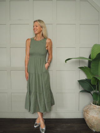 Sammy Dress with Shirred Bodice - Coral, Khaki