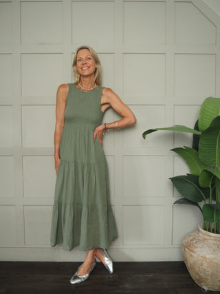 Sammy Dress with Shirred Bodice - Coral, Khaki