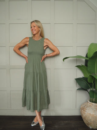 Sammy Dress with Shirred Bodice - Coral, Khaki