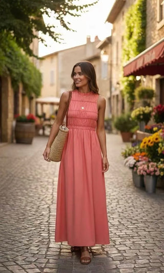 Puglia Dress with Shirred Bodice - Blue, Pink, White