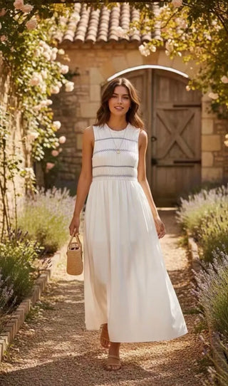 Puglia Dress with Shirred Bodice - Blue, Pink, White