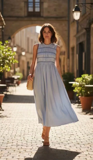 Puglia Dress with Shirred Bodice - Blue, Pink, White