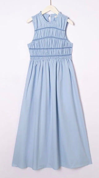 Puglia Dress with Shirred Bodice - Blue, Pink, White