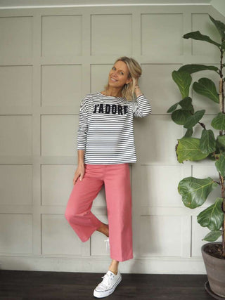 Emily Wide Leg, Cropped Jeans - Ecru, Raspberry