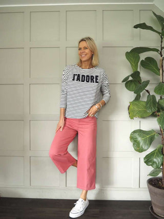 Emily Wide Leg, Cropped Jeans - Ecru, Raspberry