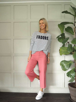 Emily Wide Leg, Cropped Jeans - Ecru, Raspberry