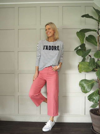 Emily Wide Leg, Cropped Jeans - Ecru, Raspberry