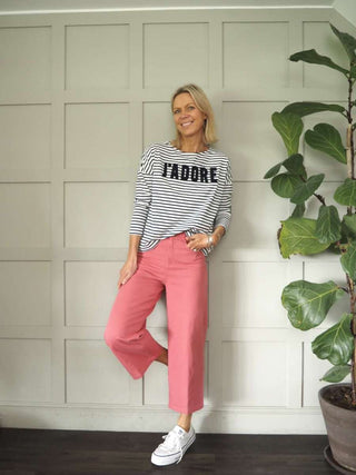 Emily Wide Leg, Cropped Jeans - Ecru, Raspberry