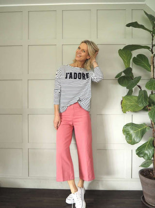 Emily Wide Leg, Cropped Jeans - Ecru, Raspberry