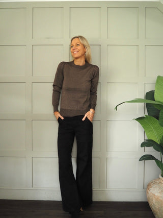 Kila Lurex Jumper with Pleated Shoulders by Saint Tropez - Chocolate/Gold Lurex